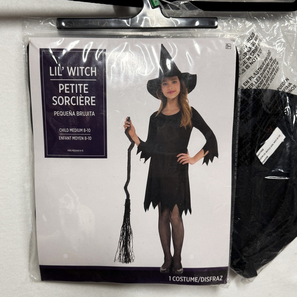 Lil' Witch Halloween Costume Girls Size Medium 8-10 Black Dress Hat Belt NEW